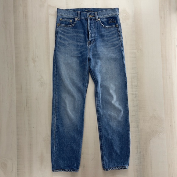 SAINT LAURENT Paris straight leg denim jeans 31 embroidered logo